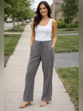 Linen blend drawstring Wide Leg Lounge Pants in Heathered Navy